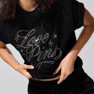 Victoria's Secret Love Pink Black Tee with Sparkling Script, brand new w/o a tag